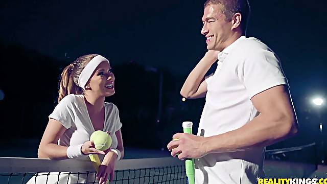 Sporty mom leaves tennis partner dive into her pussy a little