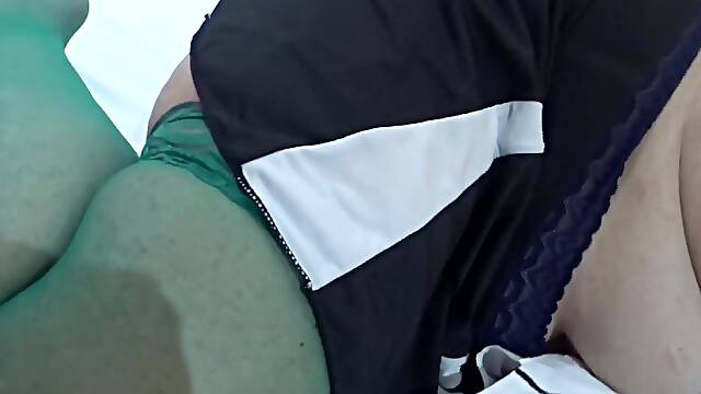Mature amateur MILF in pantyhose gives a slow and romantic blowjob in HD