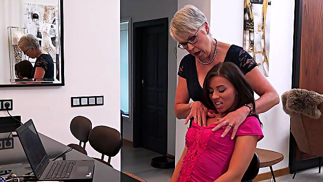 Mature lesbo Lady Sextasy enjoys while fingering Vicky Love