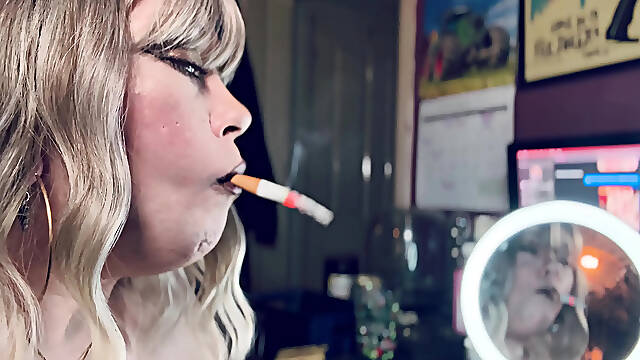 Smoke In The Mirror - Pretty Blond Cougar Tina Snua Smokin 1 cigarette With Lots Of Smoke - Smoker
