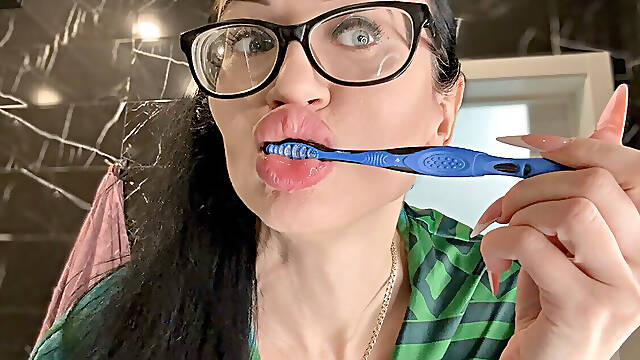 Brushing My Teeth, Silk Robe and Bra on Me, Glamour MILF with Glasses and Big Lips