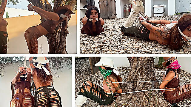 Crook Girls Tied Tight. Two Powerless Cowgirls Cleave Gagged to a Tree and Rough Ropes Hogtie