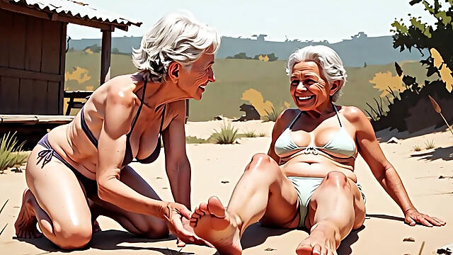 Two Skinny 90 Year Old Grannies - One Licks the Other's Feet in Humiliation